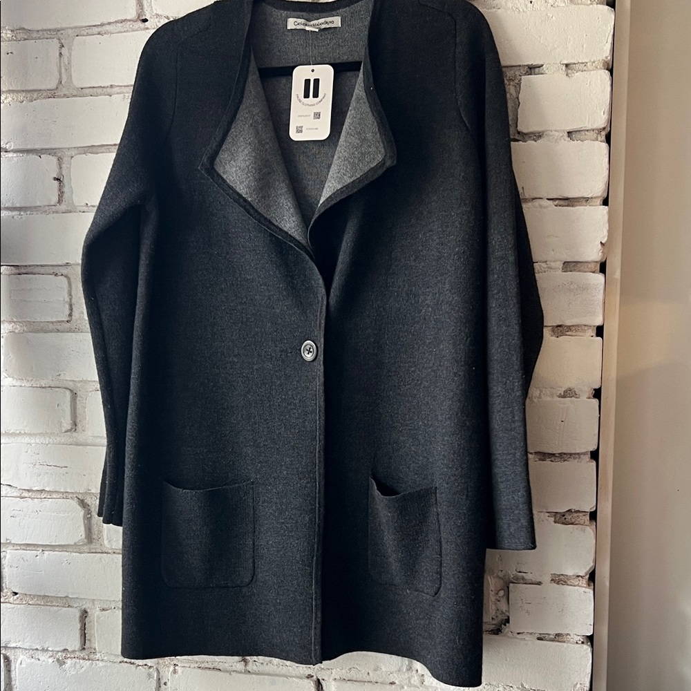 Cozy Charcoal flutter neck Wool-Blend cardigan Coat